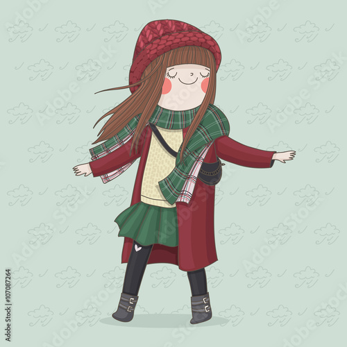 Hand drawn illustration of a cute girl in a coat and hat. Girl in the wind. Background, postcard.