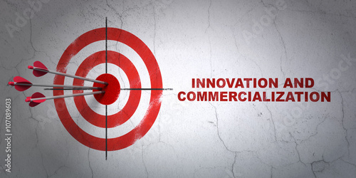 Science concept: target and Innovation And Commercialization on wall background photo