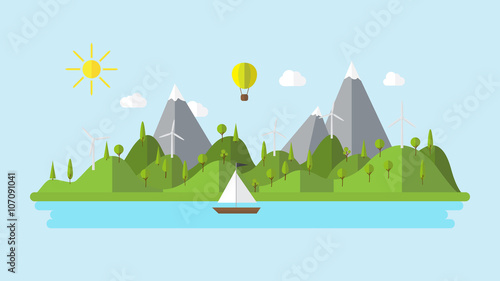 Flat vector ecology landscape island illustration with boat wind power plant and balloon coast scenery background