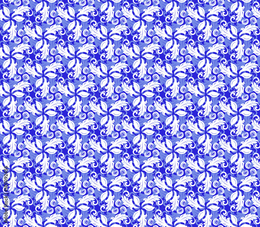 Floral vector blue and white ornament. Seamless abstract classic pattern with flowers