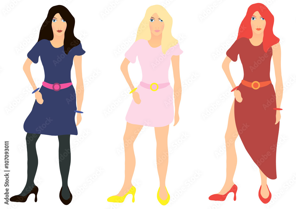Vector illustration. Brunette, blonde and red-haired girl on a white background. Vector illustration. Brunette, blonde and red-haired girl on a white background.