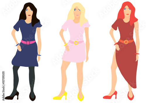 Vector illustration. Brunette, blonde and red-haired girl on a white background.