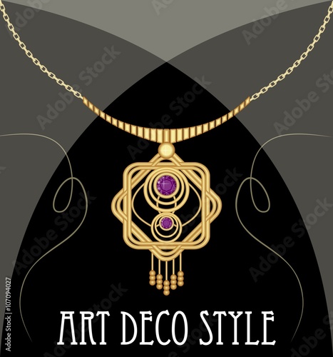 Gold necklace star shape with purple ametyst on fine golden chain, elegant vintage jewel in art deco style