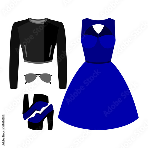 Set of trendy women's clothes with rocer jacket, dress and accessories. Vector illustration