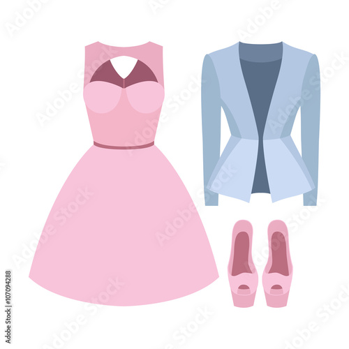 Set of trendy women's clothes with jacket, dress and accessories. Vector illustration