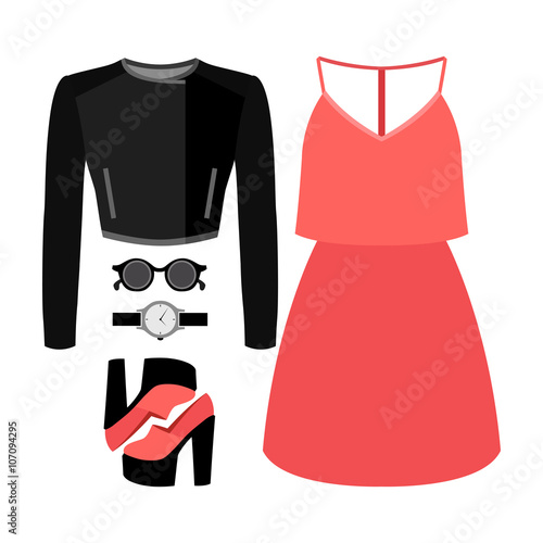 Set of trendy women's clothes with jacket, dress and accessories. Vector illustration