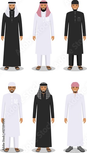 Set of different standing arab men in the traditional muslim arabic clothing isolated on white background in flat style. Arab traditional muslim, arabic clothing, east arabian dress. Vector