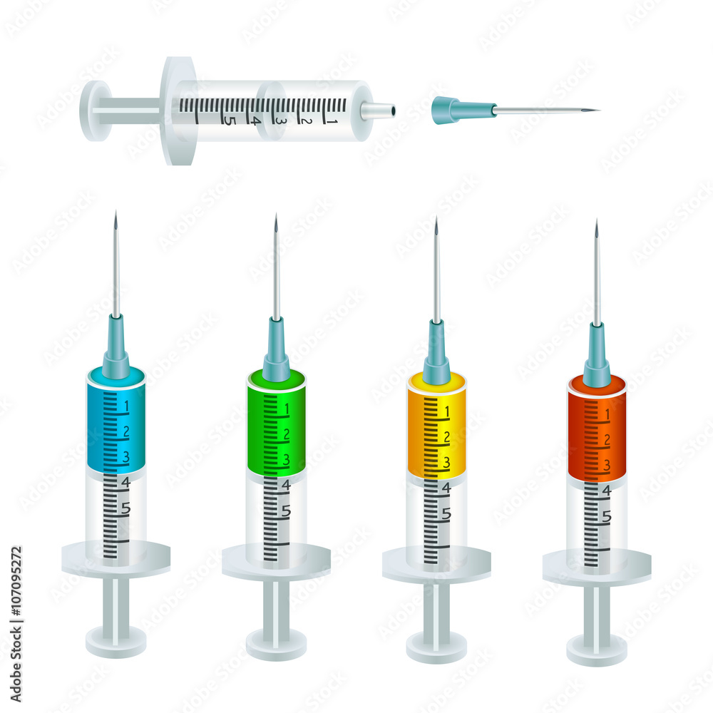 Syringes filled with colored injectable solutions and one empty syringe ...