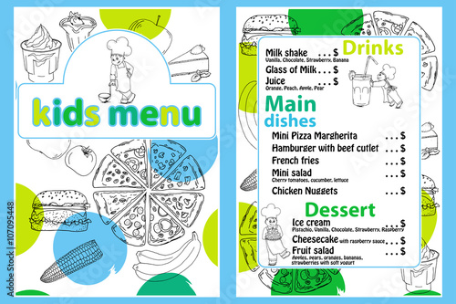 Cute colorful kids meal menu vector template with funny cartoon kitchen boy. Different types of dishes on a hand drawn grocery background