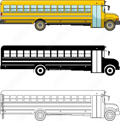 Different kind school bus isolated on white background in flat style: colored, black silhouette and contour. Vector illustration.