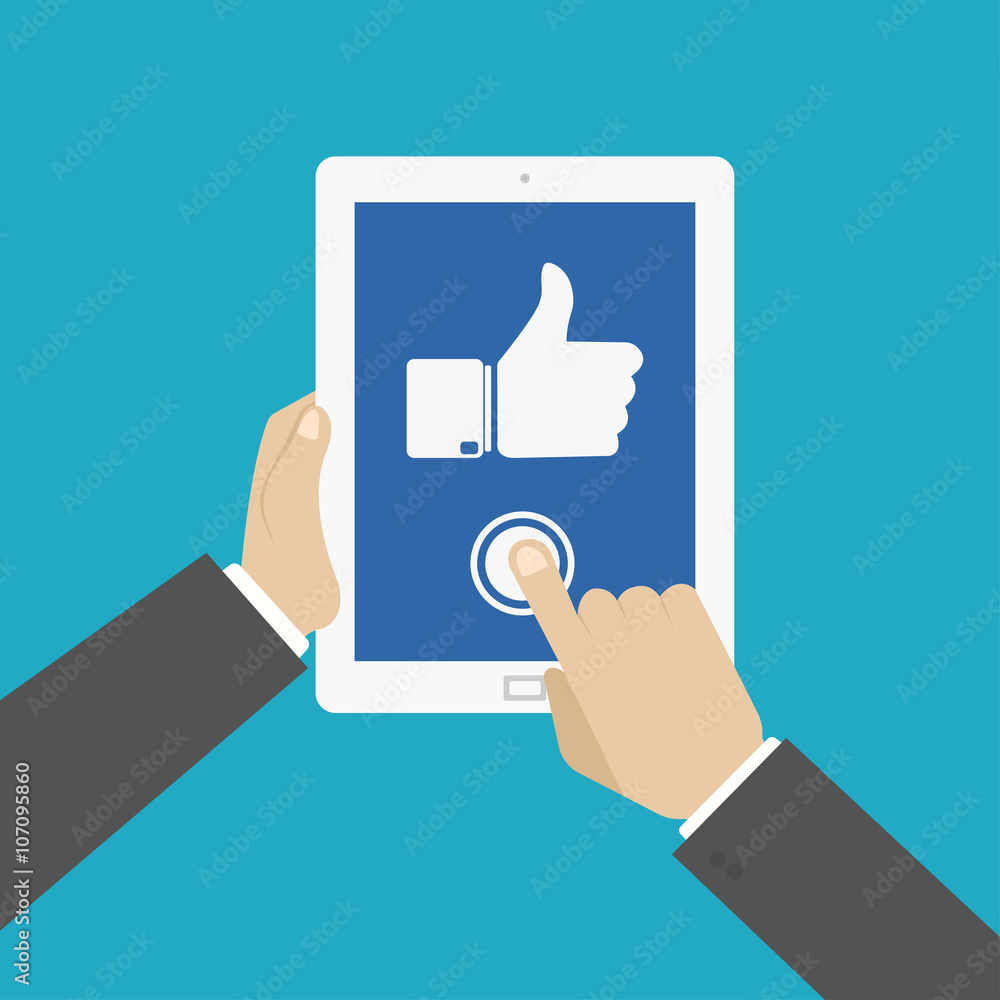 Website rating feedback and review concept. Hand holding and pointing to a tablet with like hand sign button on the screen. Vector illustration in flat style Website rating feedback and review concept. Hand holding and pointing to a tablet with like hand sign button on the screen. Vector illustration in flat style