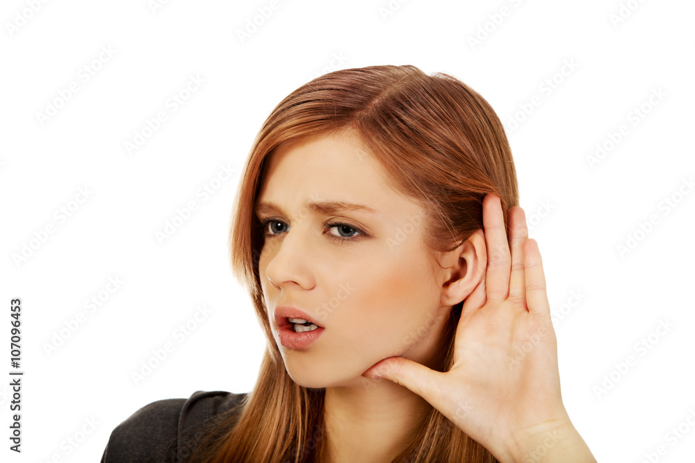 Teenage woman overhears the conversation Teenage woman overhears the conversation