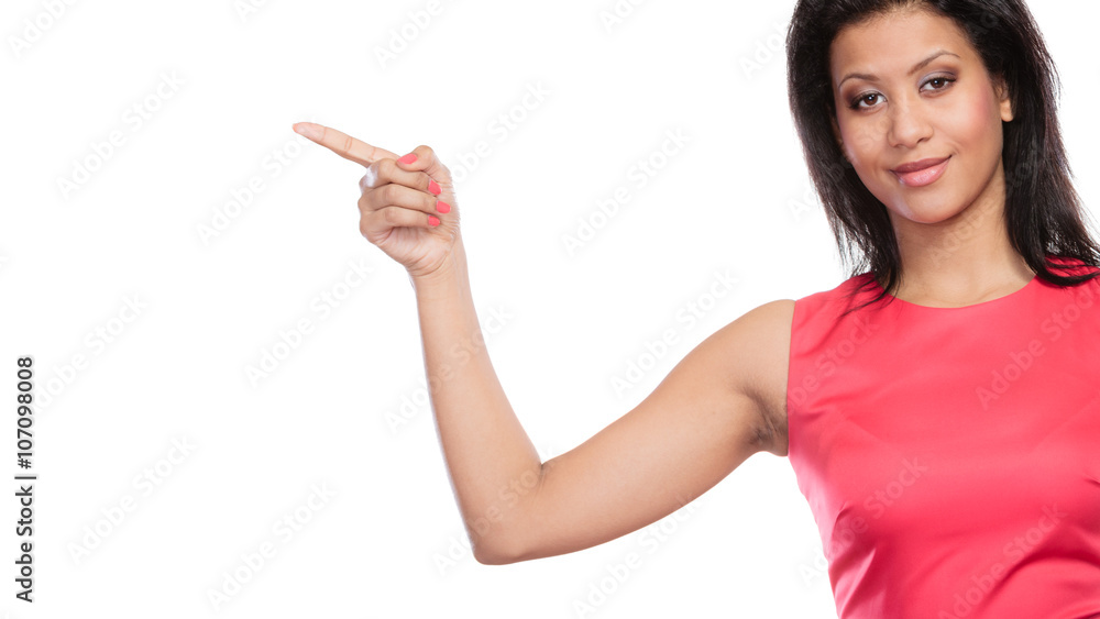 Pretty woman pointing at empty blank copy space. Pretty woman pointing at empty blank copy space.