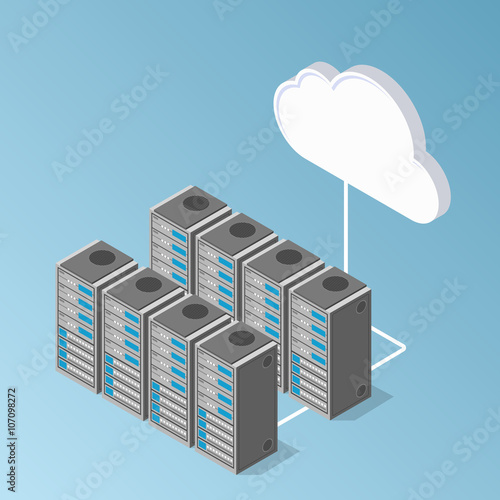 server equipment hardware perspective view. exchange of data with cloud.