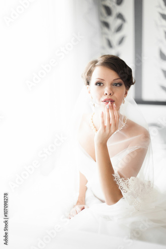 Portrait of beautiful bride with fashion veil posing at home at