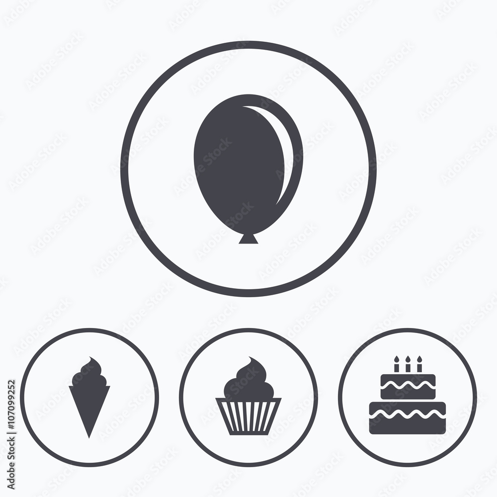 Birthday party icons. Cake with ice cream symbol Birthday party icons. Cake with ice cream symbol