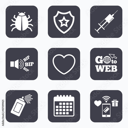 Bug and vaccine signs. Heart, spray can icons