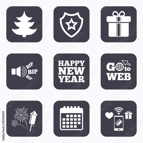 Happy new year sign. Christmas tree and gift box
