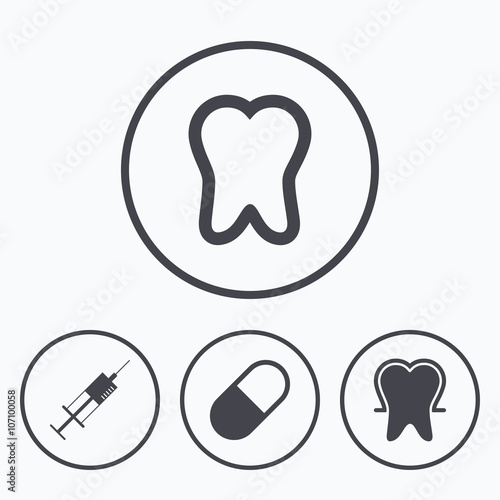 Tooth enamel icons. Medical syringe and pill.