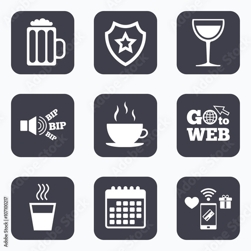 Drinks signs. Coffee cup, glass of beer icons.