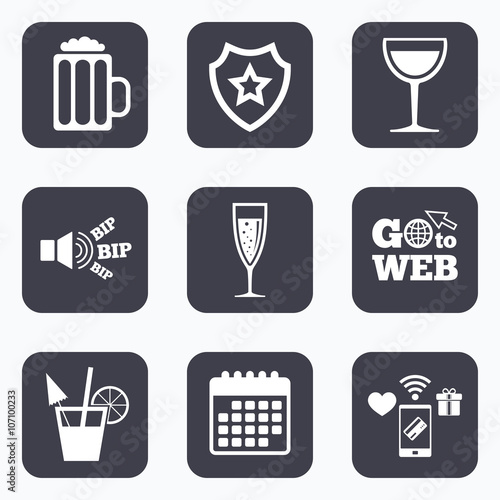 Alcoholic drinks signs. Champagne, beer icons.