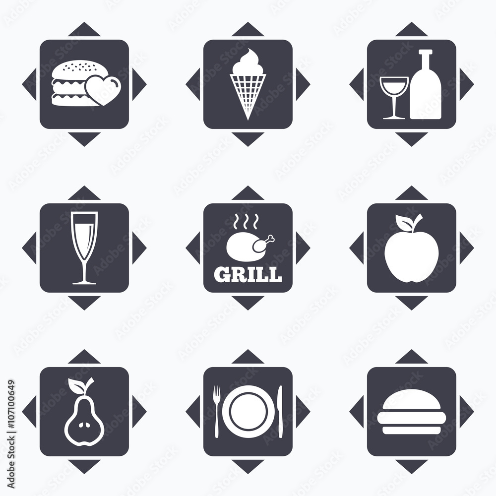 Food, drink icons. Alcohol and burger signs. Food, drink icons. Alcohol and burger signs.