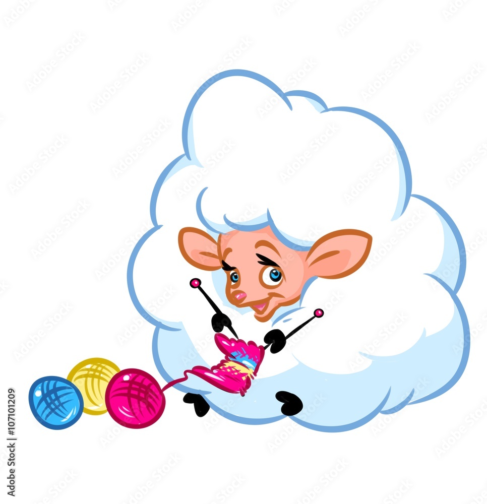 Obraz premium Fluffy sheep knitting crafts cartoon illustration isolated image animal character 