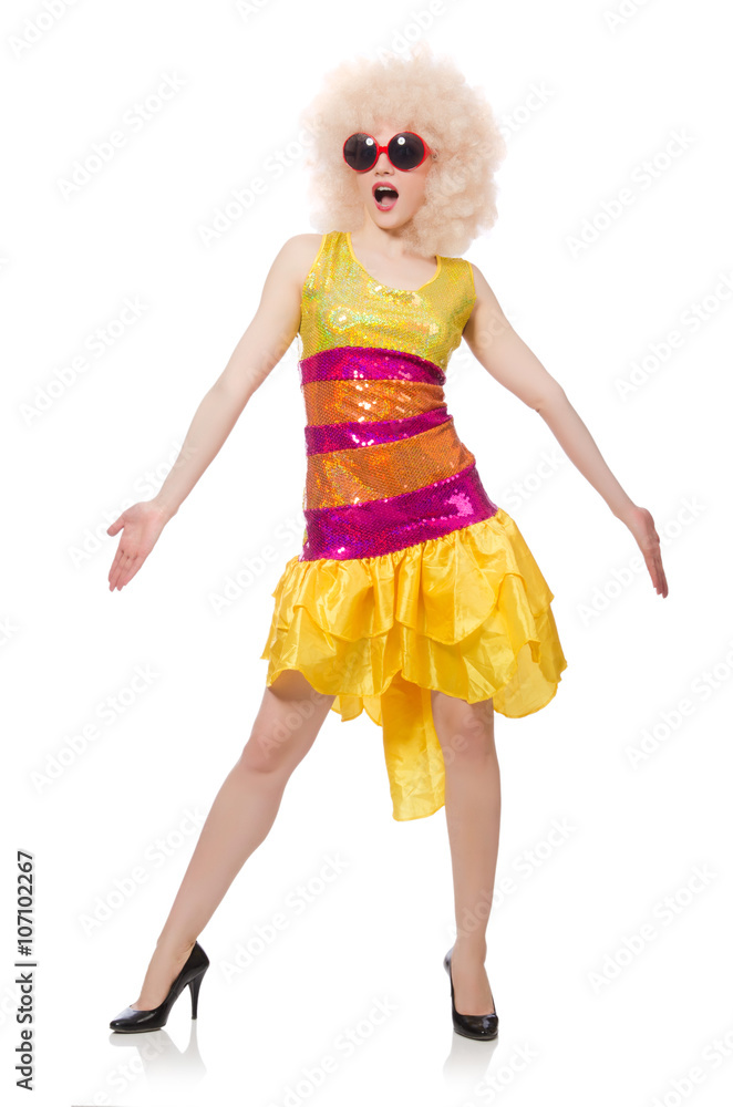Woman in funny sparkling yellow dress isolated on white Woman in funny sparkling yellow dress isolated on white
