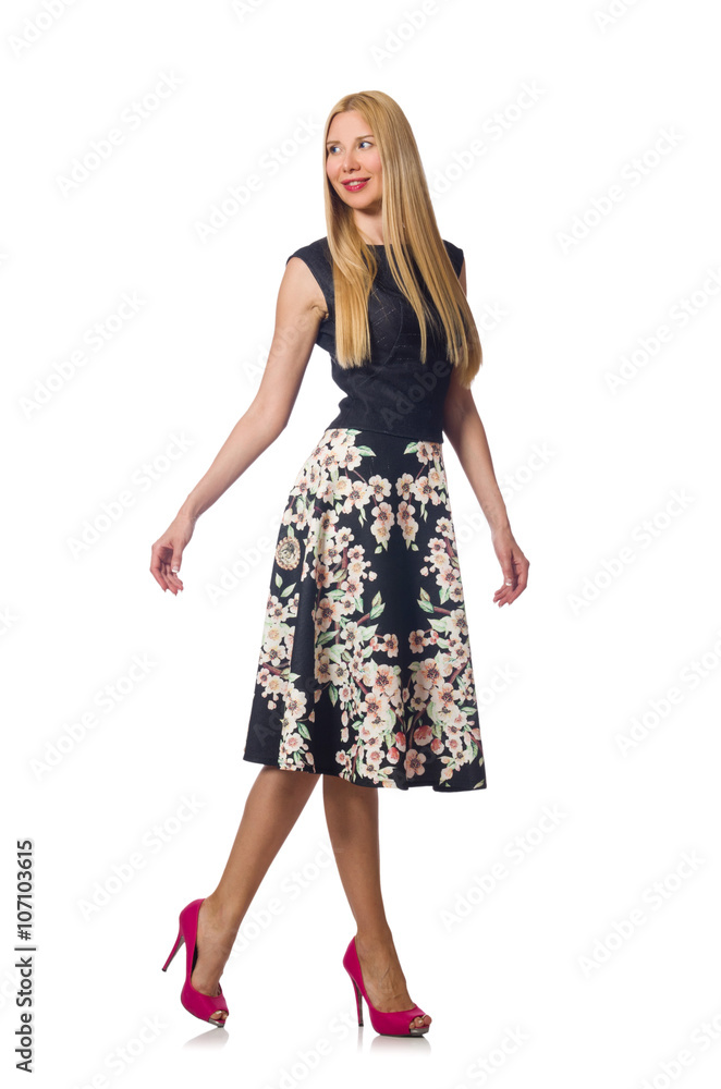 Woman in black floral dress isolated on white Woman in black floral dress isolated on white
