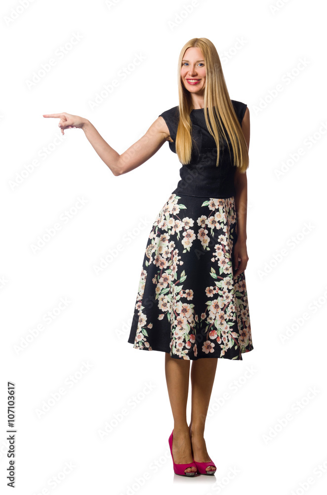 Woman in black floral dress isolated on white Woman in black floral dress isolated on white