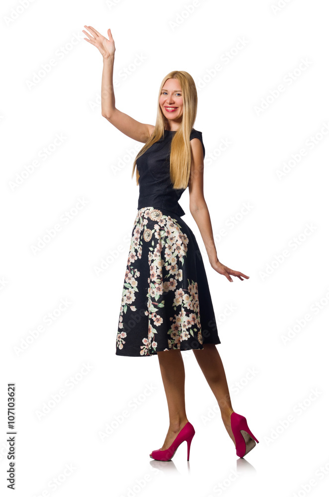 Woman in black floral dress isolated on white Woman in black floral dress isolated on white