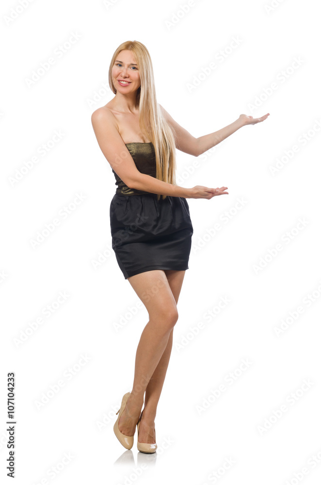 Model in strapless elegant dress isoalted on white Model in strapless elegant dress isoalted on white