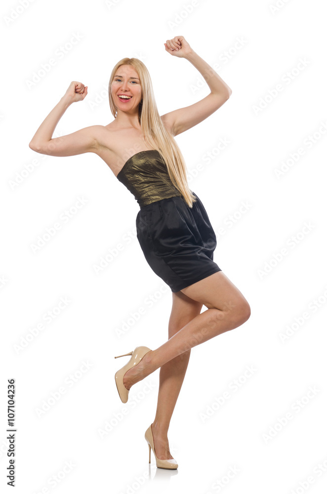 Model in strapless elegant dress isoalted on white Model in strapless elegant dress isoalted on white