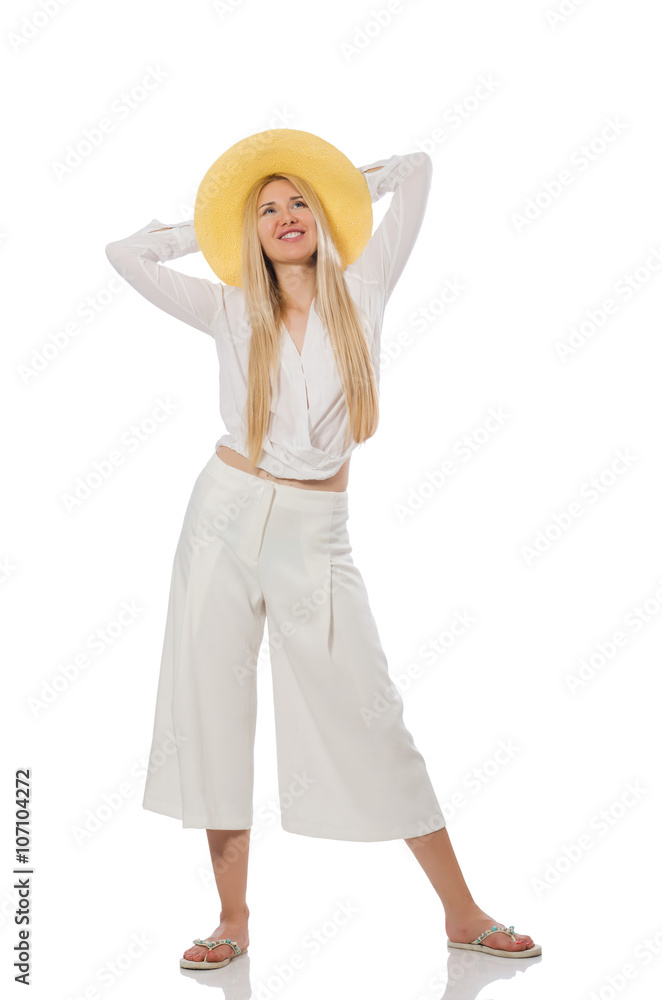 Blond hair model in elegant flared pants isolated on white Blond hair model in elegant flared pants isolated on white