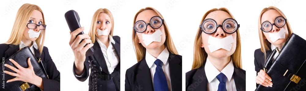 Businesswoman with phone in censorship concept Businesswoman with phone in censorship concept