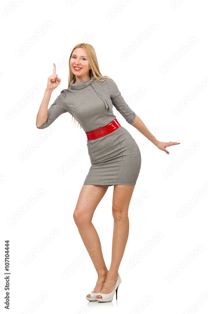Pretty young woman in gray dress isolated on white Pretty young woman in gray dress isolated on white