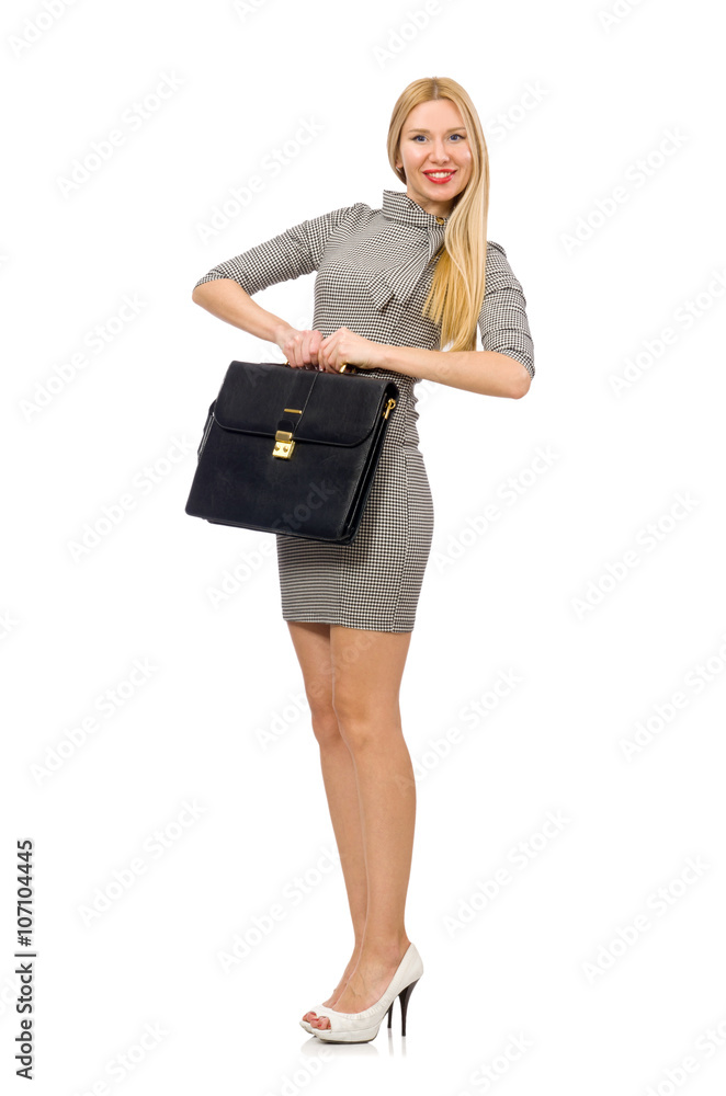 Pretty young woman in gray dress isolated on white