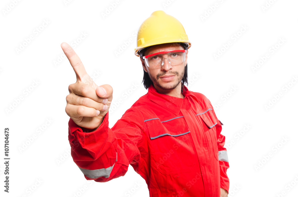 Man wearing red coveralls isolated on white Man wearing red coveralls isolated on white