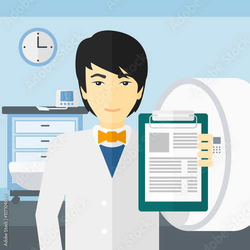 Doctor in hospital room with MRI machine.