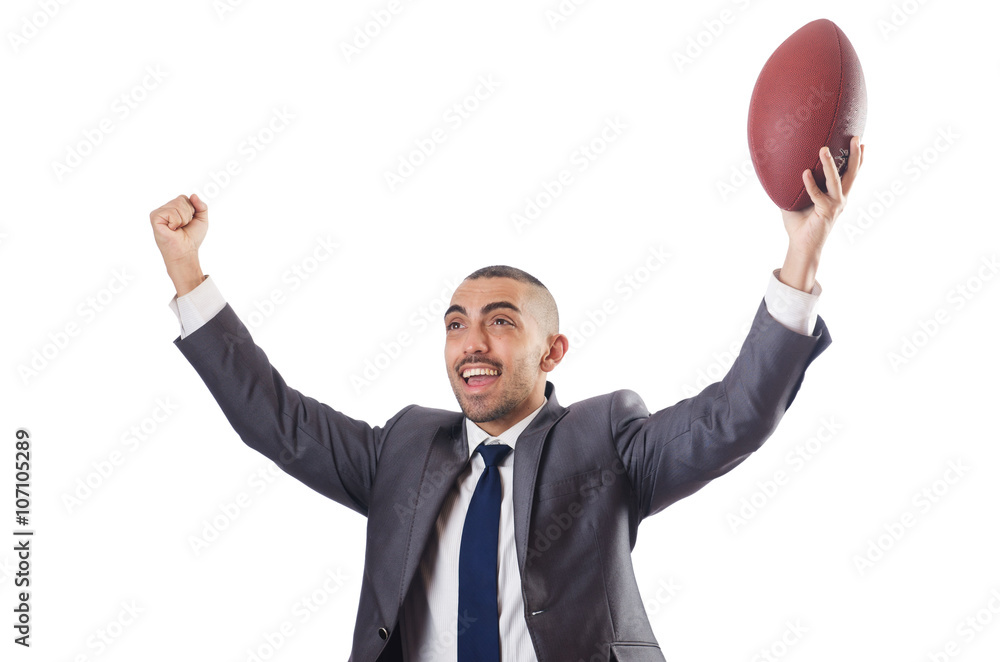 Man with american football ball isolated on white Man with american football ball isolated on white