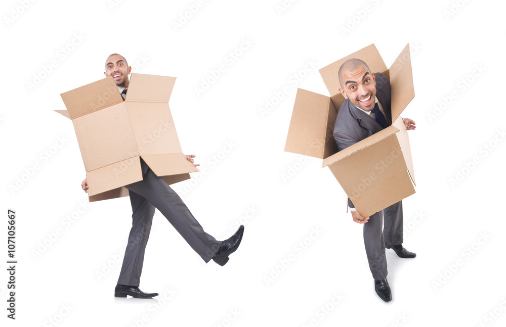 Collage of photos with man and boxes Collage of photos with man and boxes