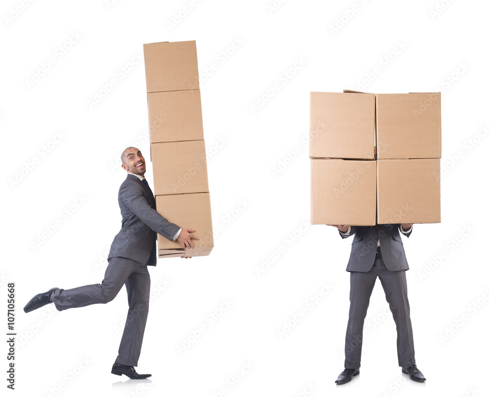 Collage of photos with man and boxes Collage of photos with man and boxes