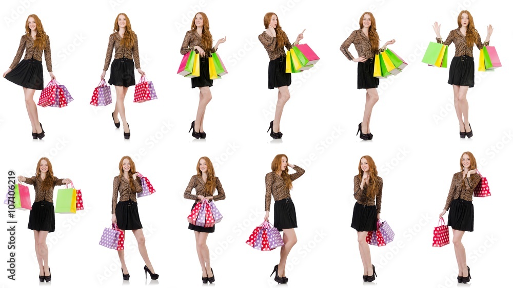 Woman with shopping bags isolated on white Woman with shopping bags isolated on white