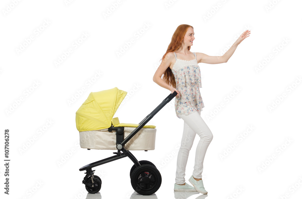 Woman with baby and pram isolated on white Woman with baby and pram isolated on white