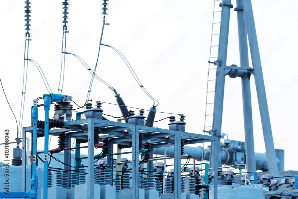 Fototapeta premium Substation equipment, blue tone picture