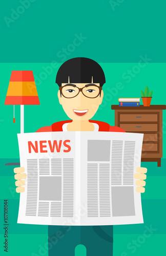 Reporter reading newspaper.