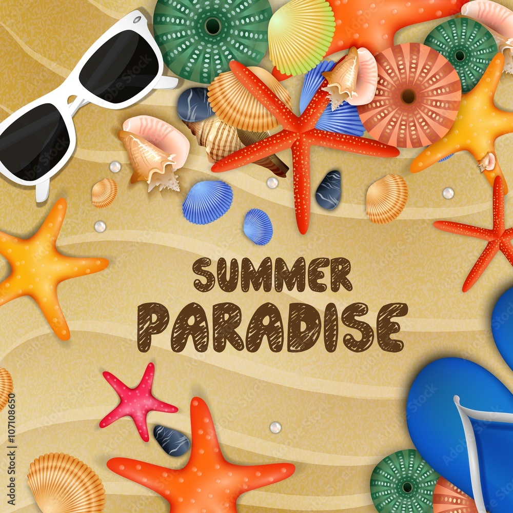 Starfish, shells and Flip-flops on sand background Stock Vector | Adobe