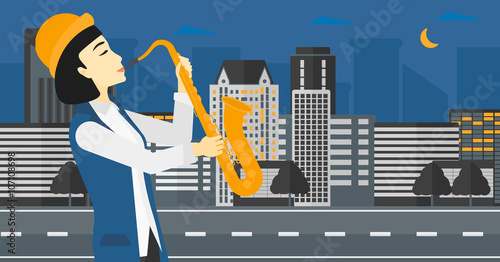 Woman playing saxophone.