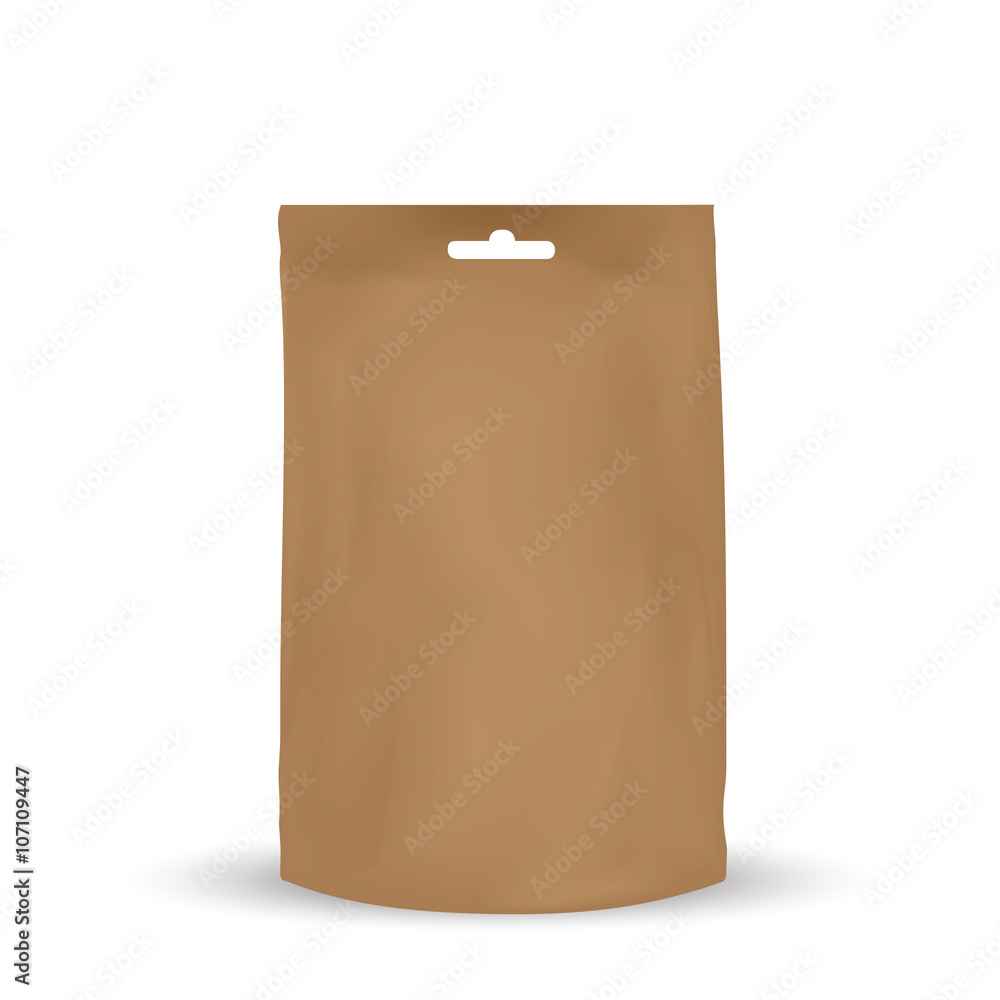 VECTOR PACKAGING: Brown packaging bag with hole to hang for snack or take away, bulk products, tea, coffee, spices on isolated white background. Mock-up template ready for design VECTOR PACKAGING: Brown packaging bag with hole to hang for snack or take away, bulk products, tea, coffee, spices on isolated white background. Mock-up template ready for design