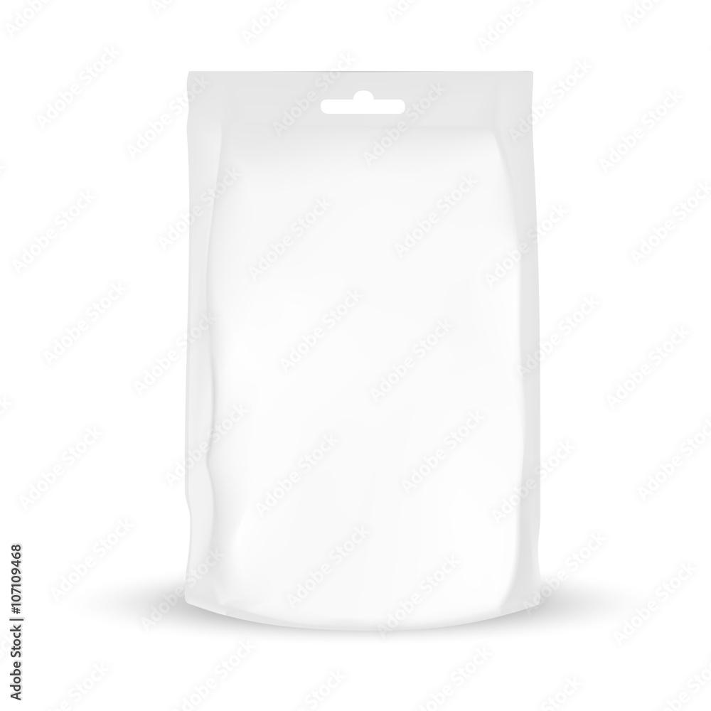 VECTOR PACKAGING: White packaging bag with hole to hang for snack or take away, bulk products, tea, coffee, spices on isolated white background. Mock-up template ready for design VECTOR PACKAGING: White packaging bag with hole to hang for snack or take away, bulk products, tea, coffee, spices on isolated white background. Mock-up template ready for design